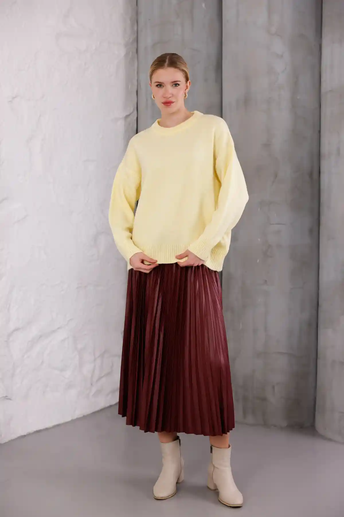 Sarı Bisiklet Yaka Oversize Triko Kazak