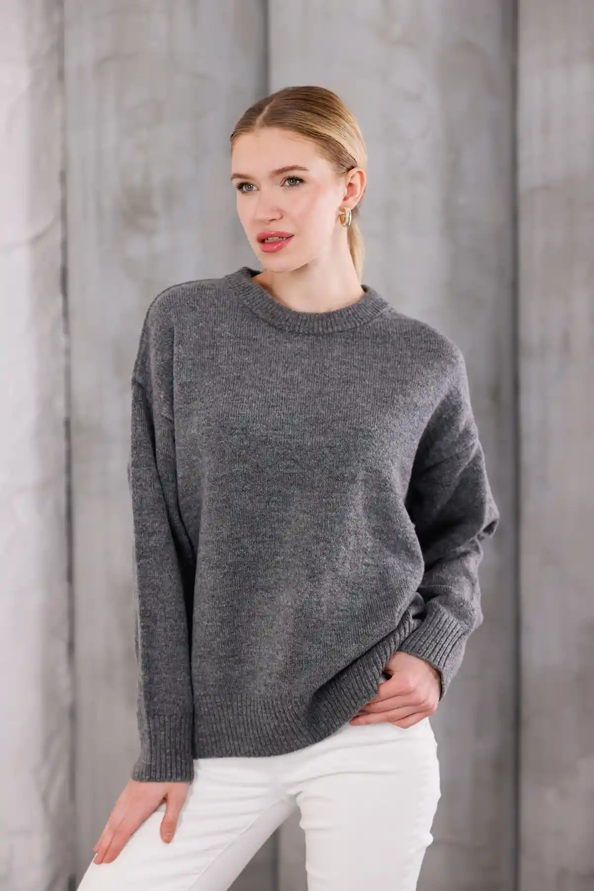 Gri Bisiklet Yaka Oversize Triko Kazak