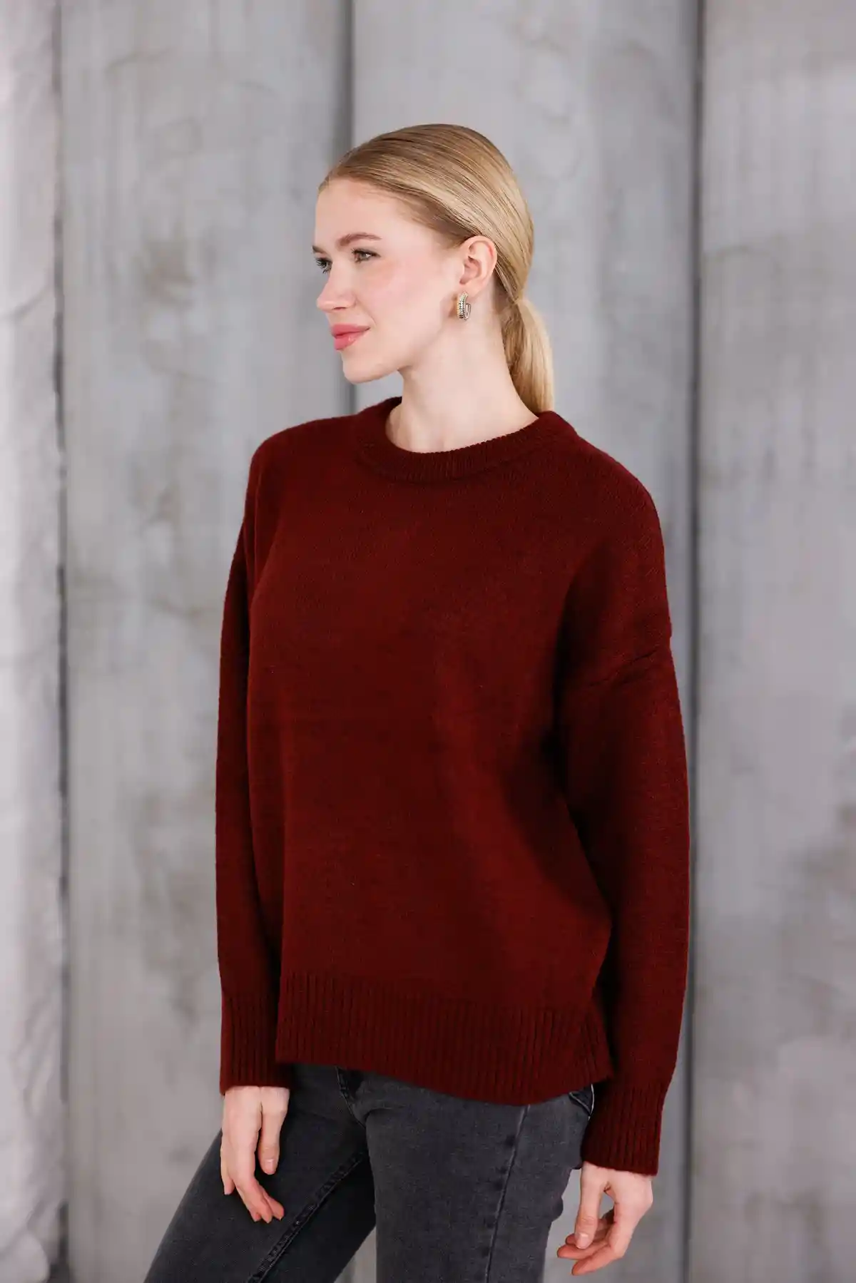 Bordo Bisiklet Yaka Oversize Triko Kazak