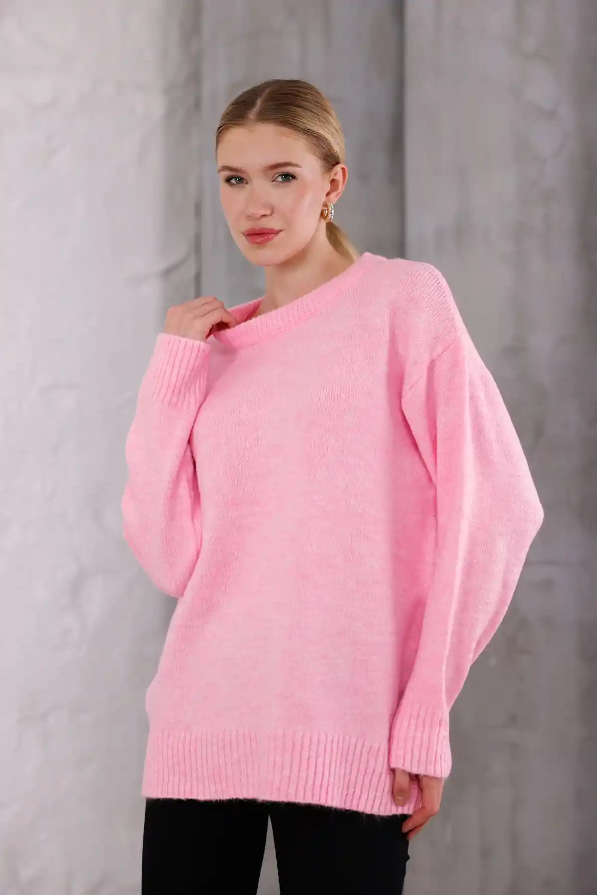 Pembe Bisiklet Yaka Oversize Triko Kazak