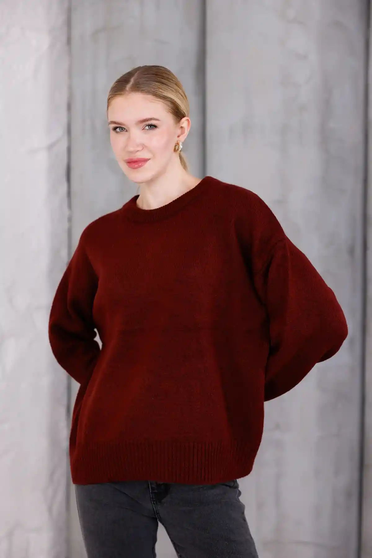 Bordo Bisiklet Yaka Oversize Triko Kazak