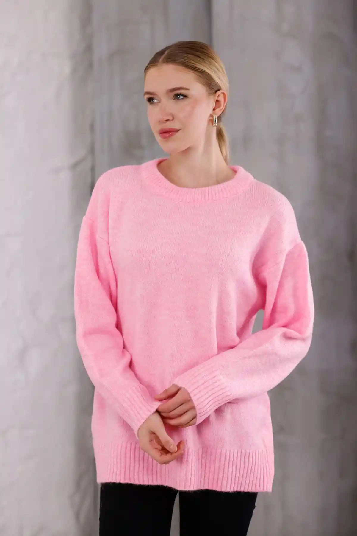 Pembe Bisiklet Yaka Oversize Triko Kazak