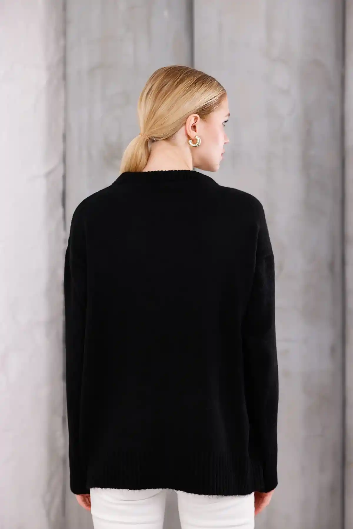 Siyah Bisiklet Yaka Oversize Triko Kazak