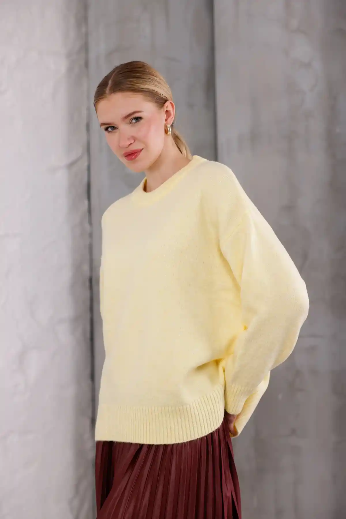 Sarı Bisiklet Yaka Oversize Triko Kazak