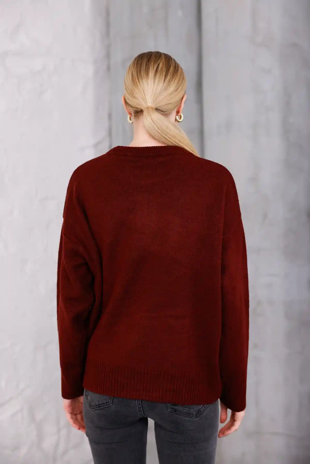 Bordo Bisiklet Yaka Oversize Triko Kazak