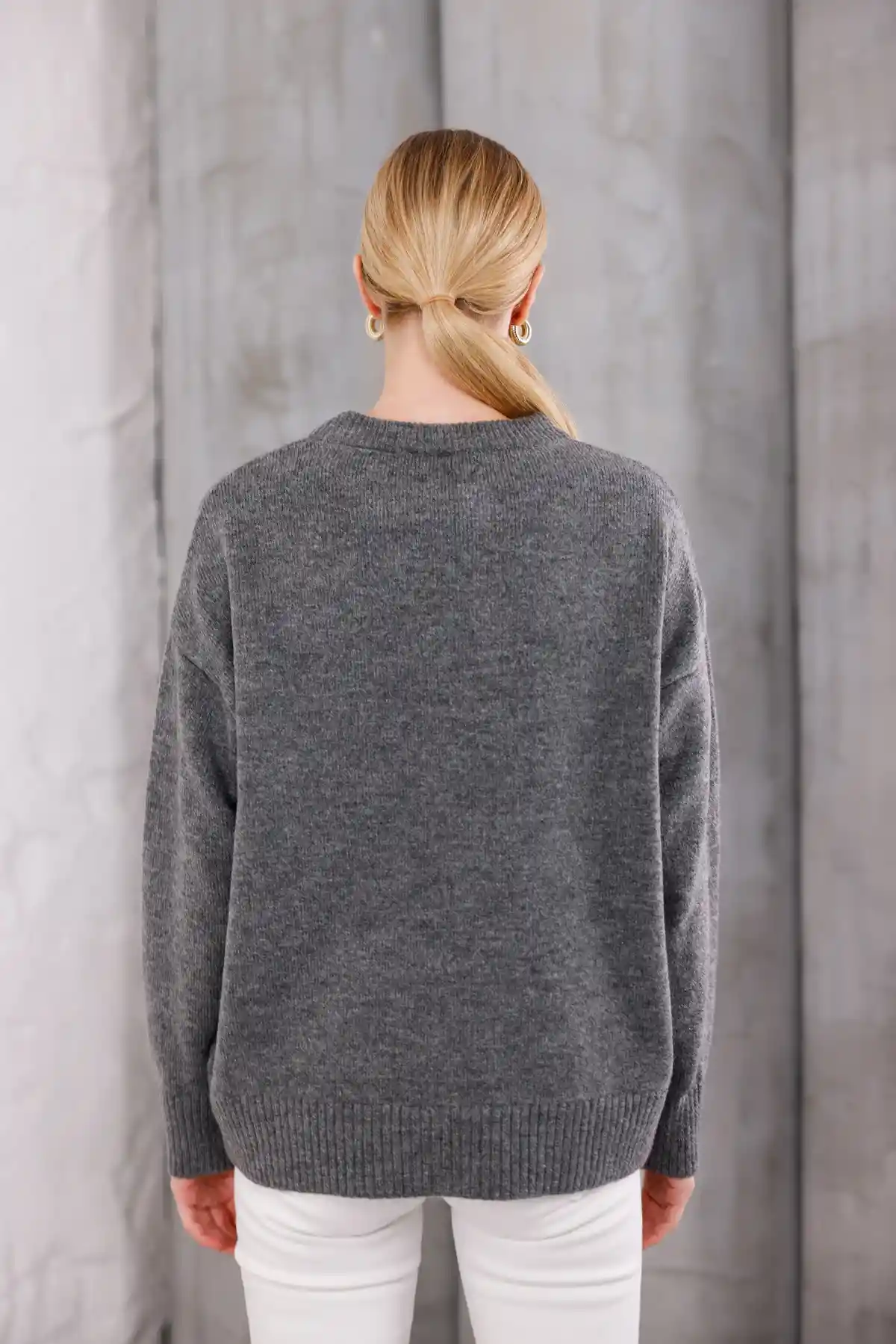 Gri Bisiklet Yaka Oversize Triko Kazak