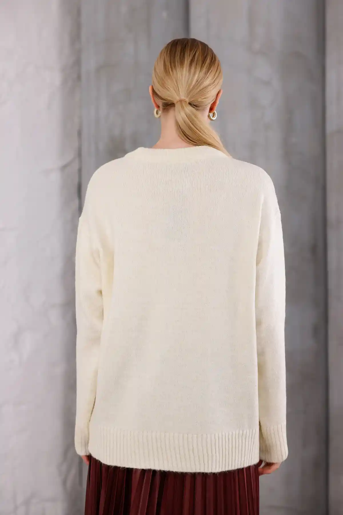 Krem Bisiklet Yaka Oversize Triko Kazak