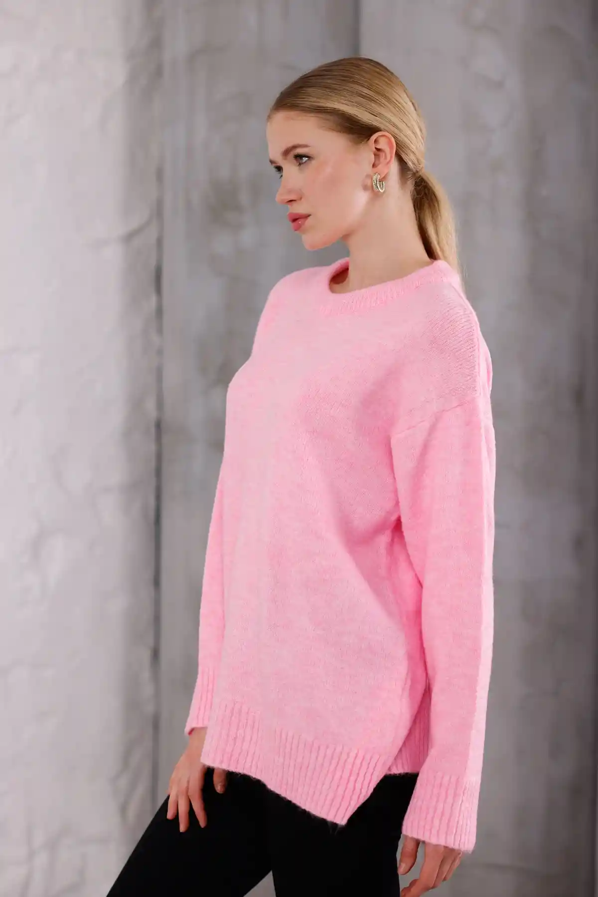 Pembe Bisiklet Yaka Oversize Triko Kazak