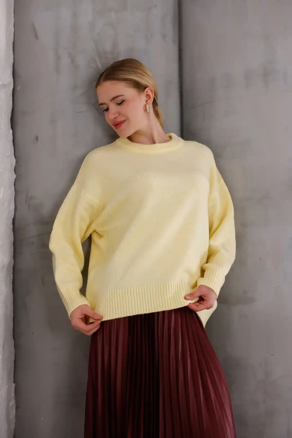 Sarı Bisiklet Yaka Oversize Triko Kazak