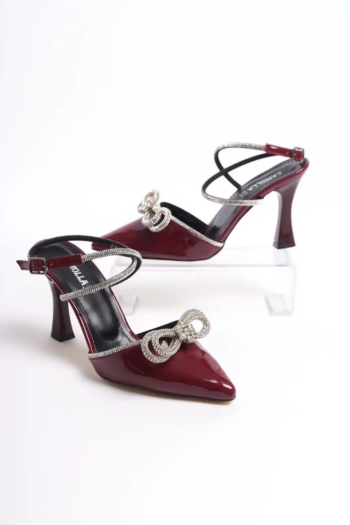 Burgundy Patent Womens Rhinestone Bow Detail Evening Shoes
