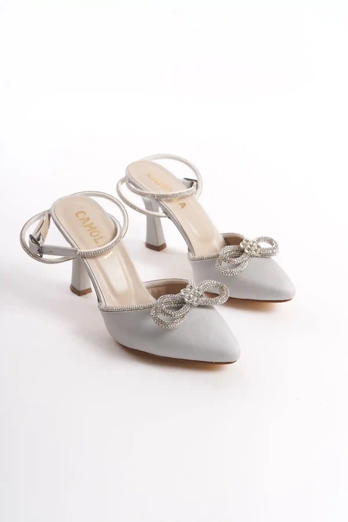 Bilekten Sarma Kadın Taşlı Fiyonklu Gri/gümüş Saten Abiye Ayakkabı