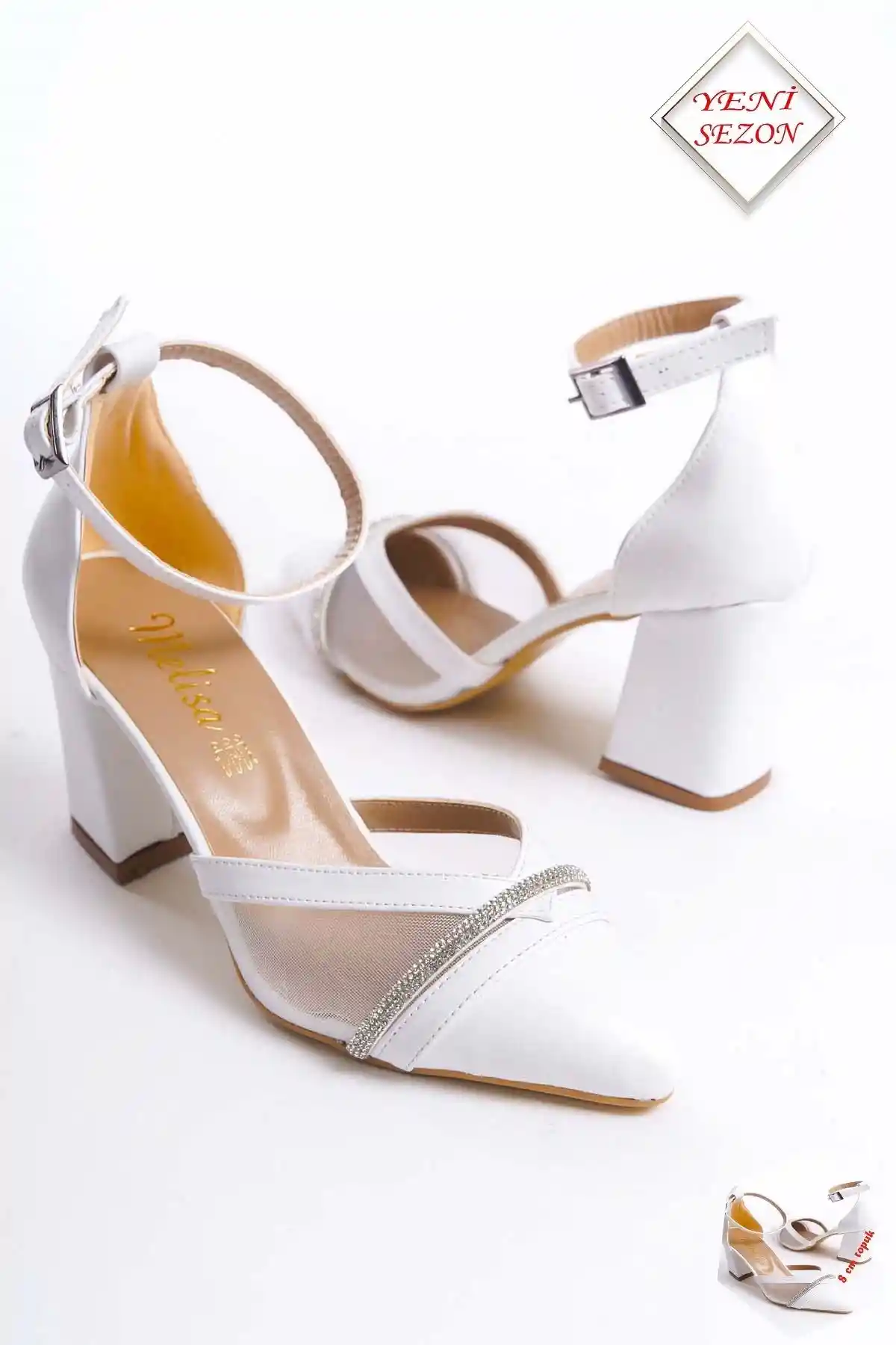 Beyaz Cilt Taşlı Fileli Kalın Topuklu Ayakkabı