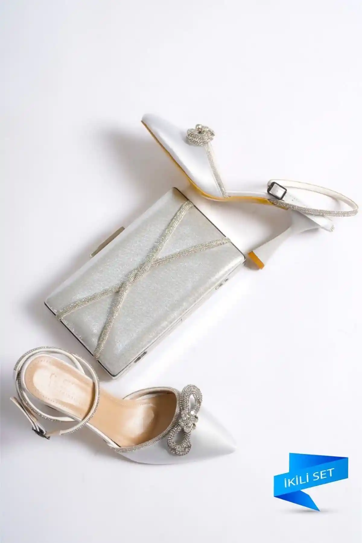 Gri Saten Kadın Taşlı Fiyonklu Abiye Ayakkabı ve Abiye Çanta Seti BG1112-121-0002