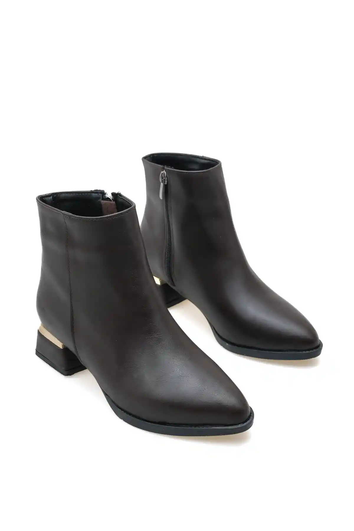 Kahve Kadın Altın Detaylı Topuklu Bot