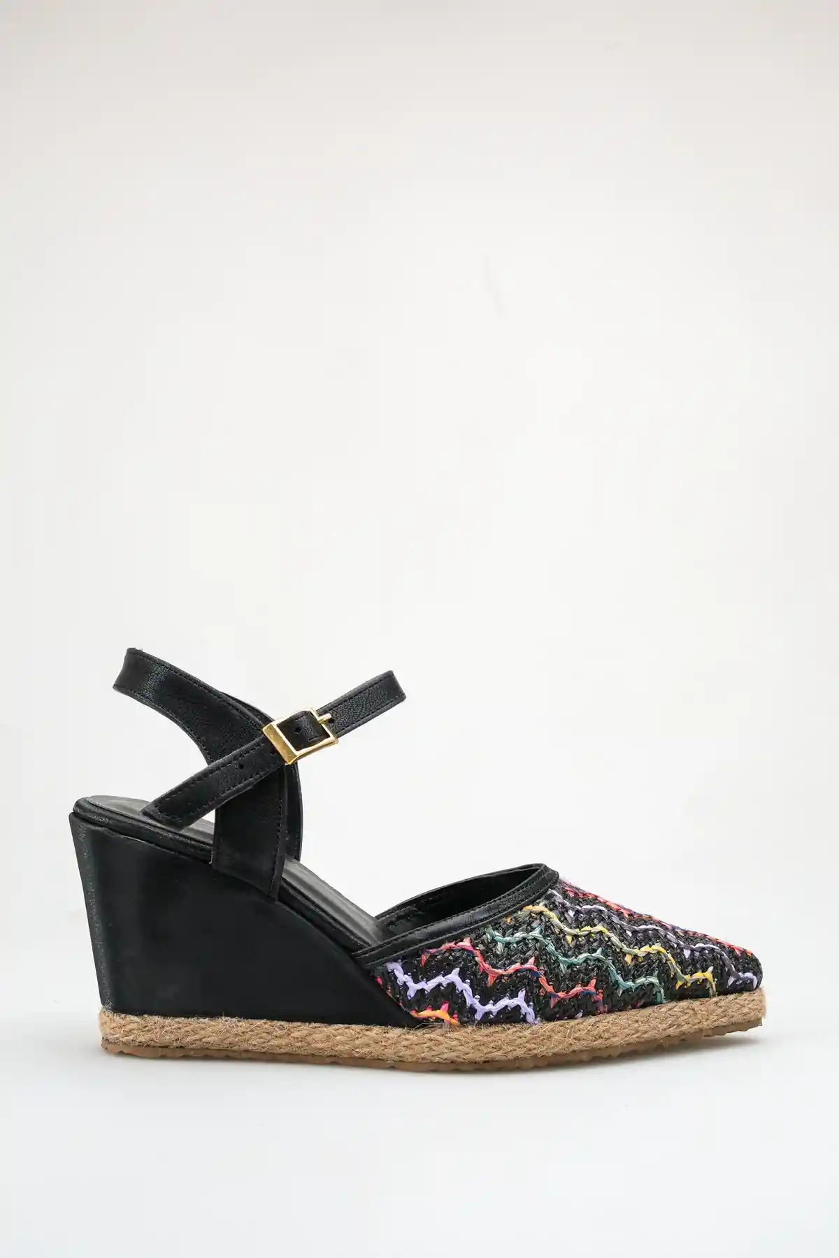 Hasır Örgü Gökkuşağı Siyah Cilt Kadın Sivri Burun Dolgu Topuklu Sandalet