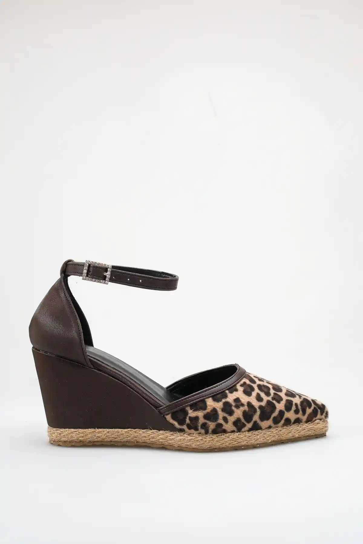 Leopar Kahverengi Kadın Sivri Burun Dolgu Topuklu Sandalet