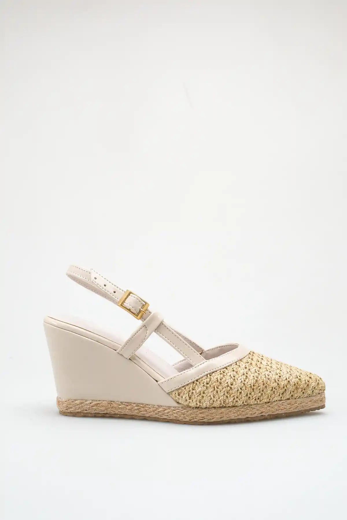 Hasır Örgü Ten Rugan Kadın Sivri Burun Dolgu Topuklu Sandalet
