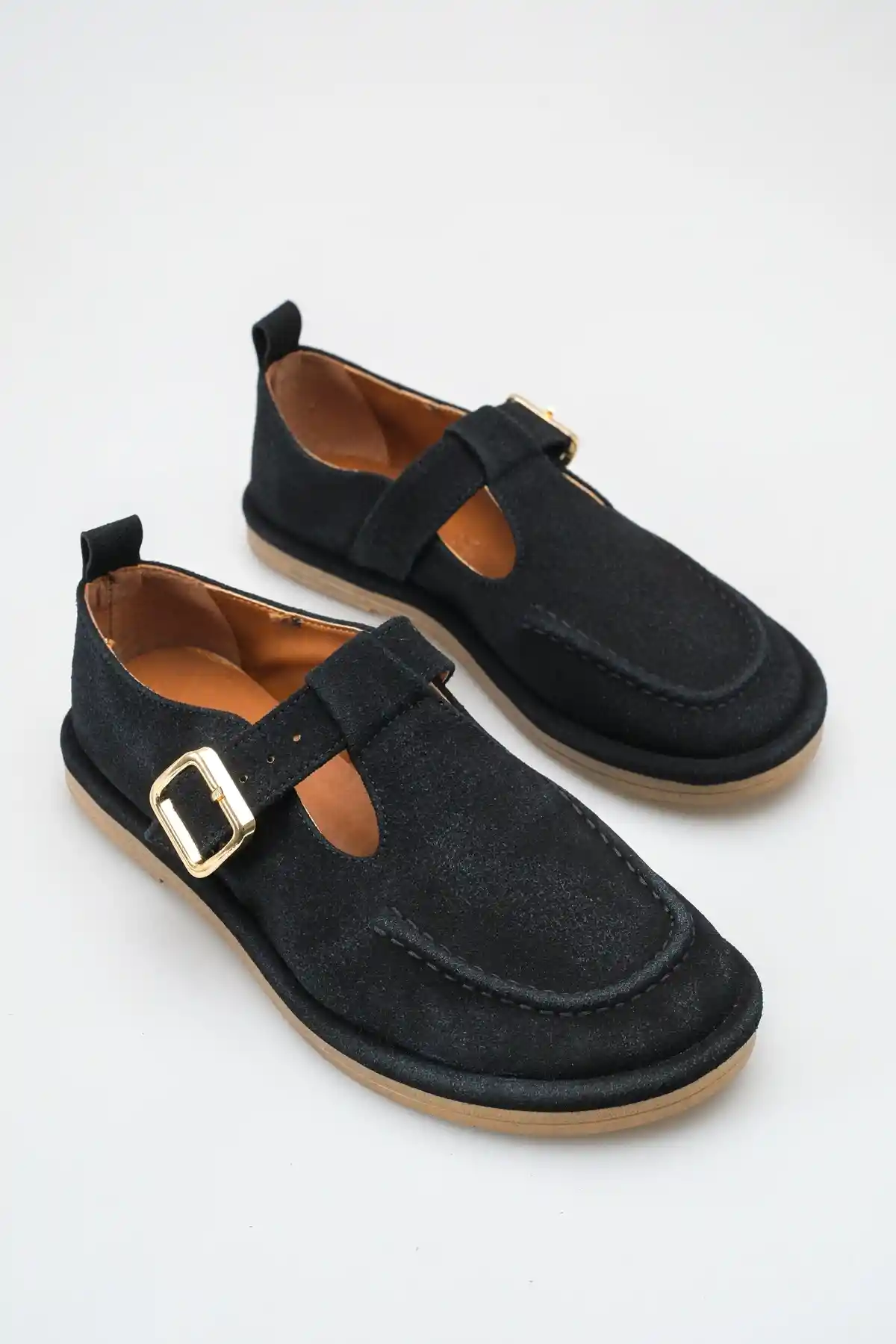 Siyah Süet Kadın Kemerli Loafer Ayakkabı