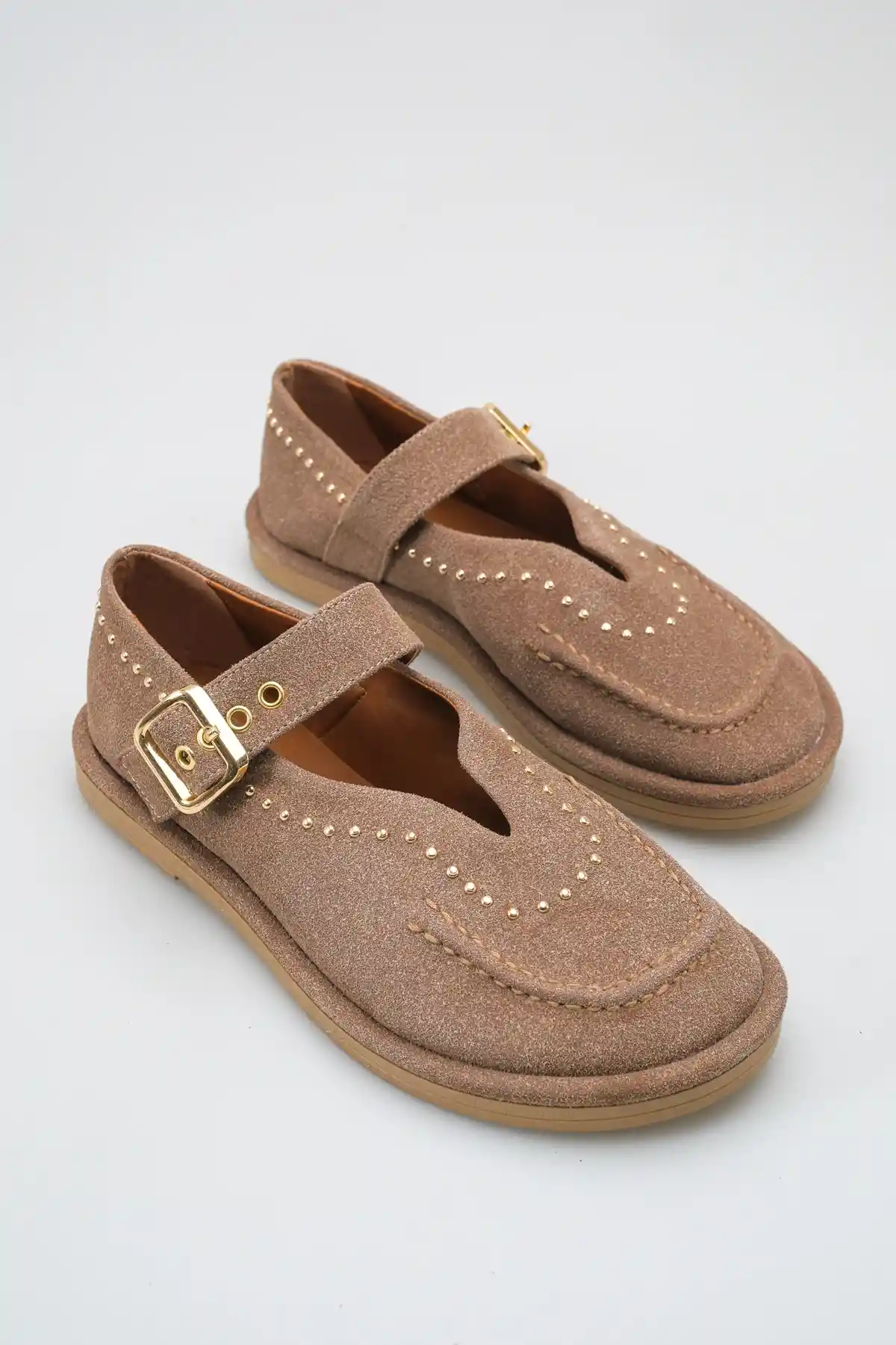 Vizon Süet Kadın Taş Detaylı Loafer Ayakkabı