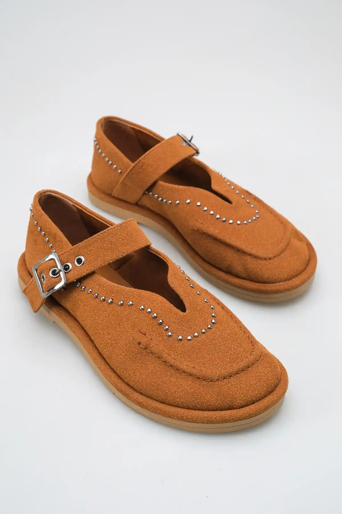 Taba Süet Kadın Taş Detaylı Loafer Ayakkabı