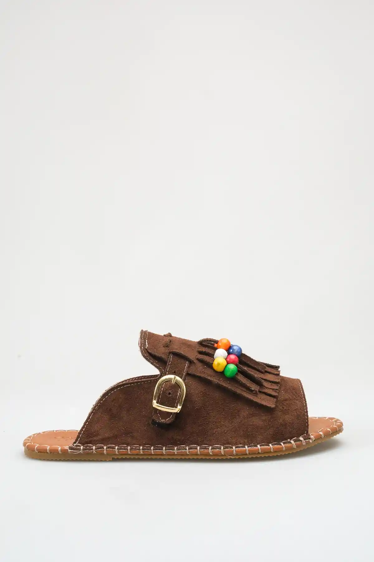 Kahve Süet Kadın Boncuklu Püsküllü Terlik