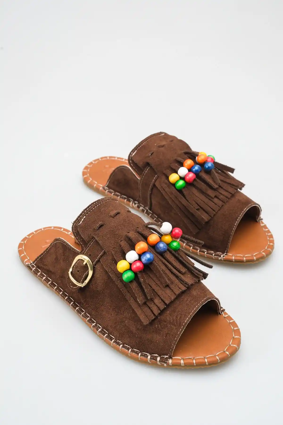 Kahve Süet Kadın Boncuklu Püsküllü Terlik