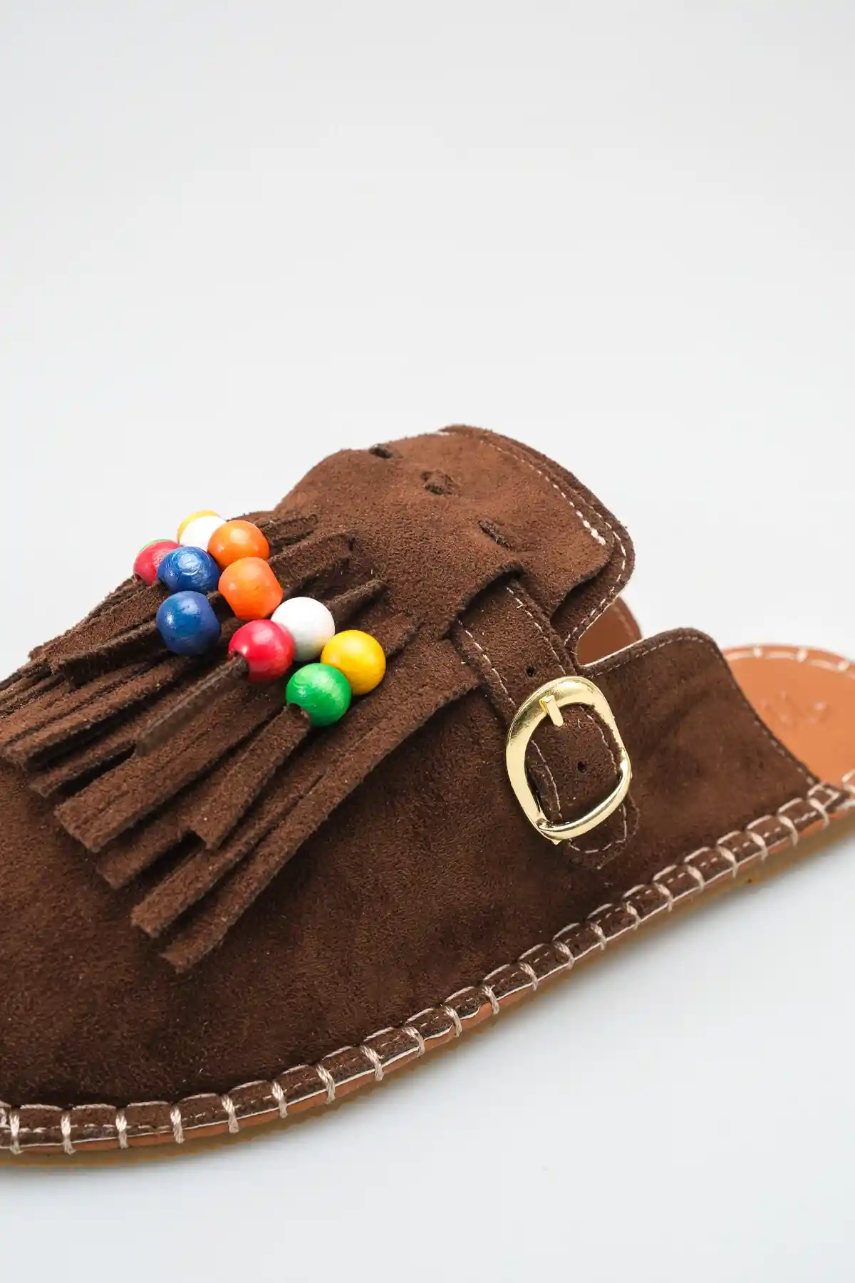 Kahve Süet Kadın Boncuklu Püsküllü Terlik