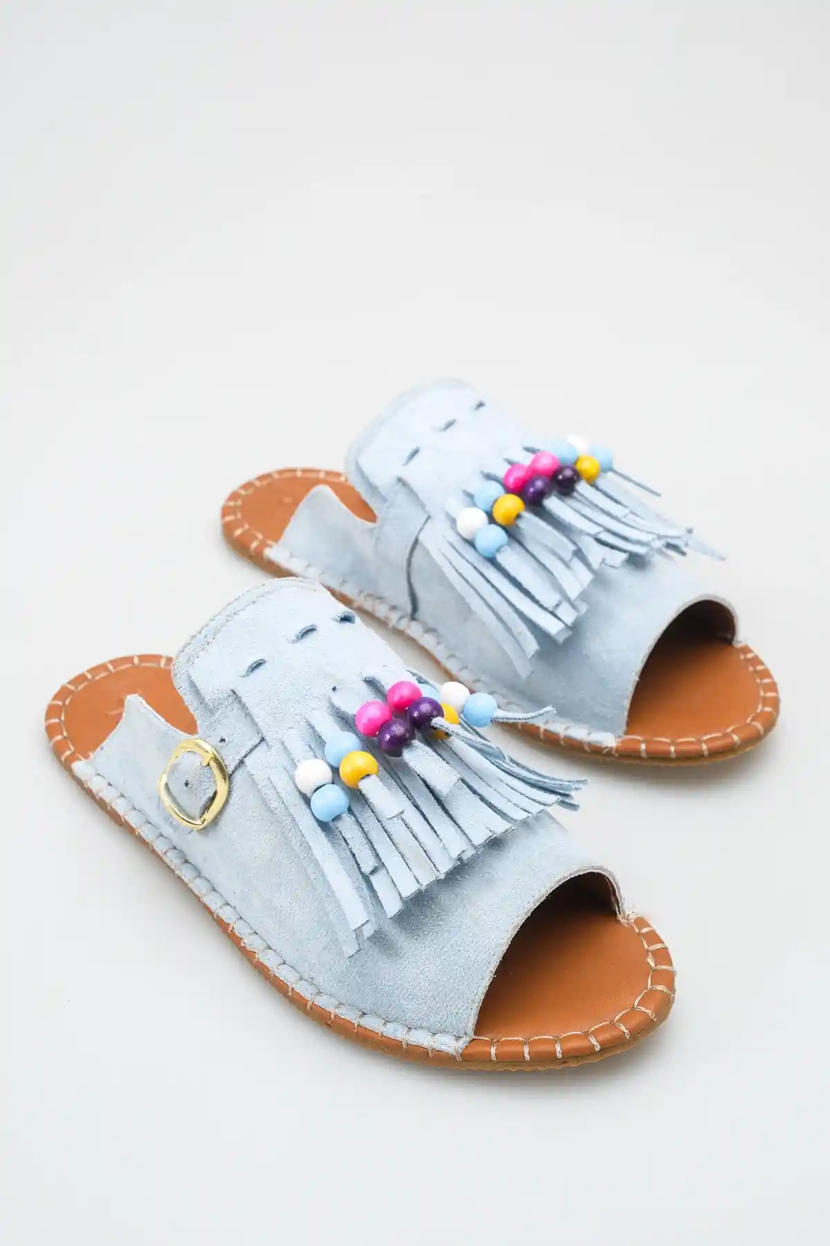 Bebe Mavi Süet Kadın Boncuklu Püsküllü Terlik