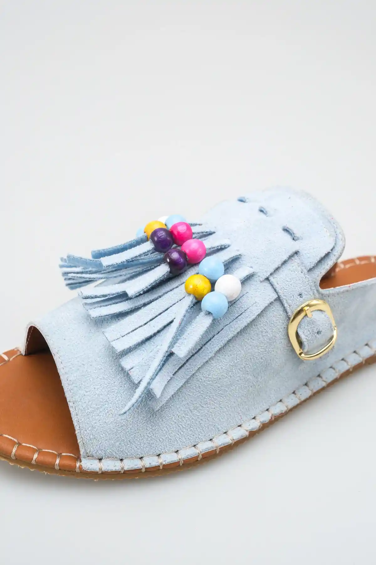 Bebe Mavi Süet Kadın Boncuklu Püsküllü Terlik