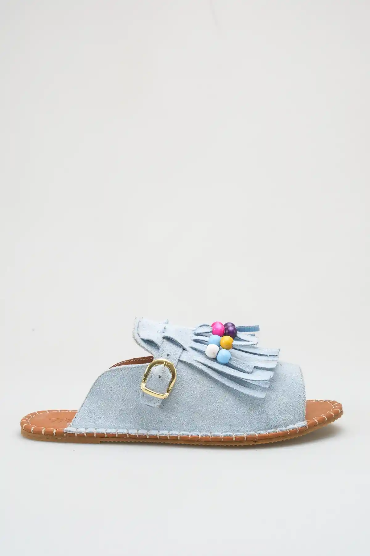 Bebe Mavi Süet Kadın Boncuklu Püsküllü Terlik
