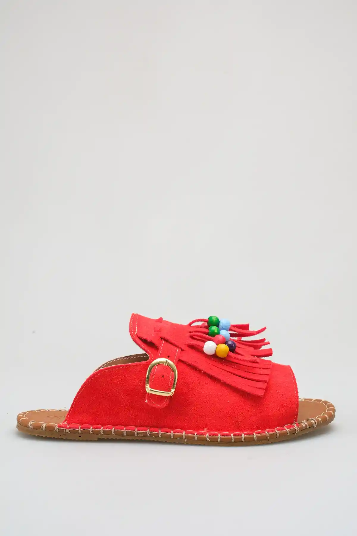 Kırmızı Süet Kadın Boncuklu Püsküllü Terlik