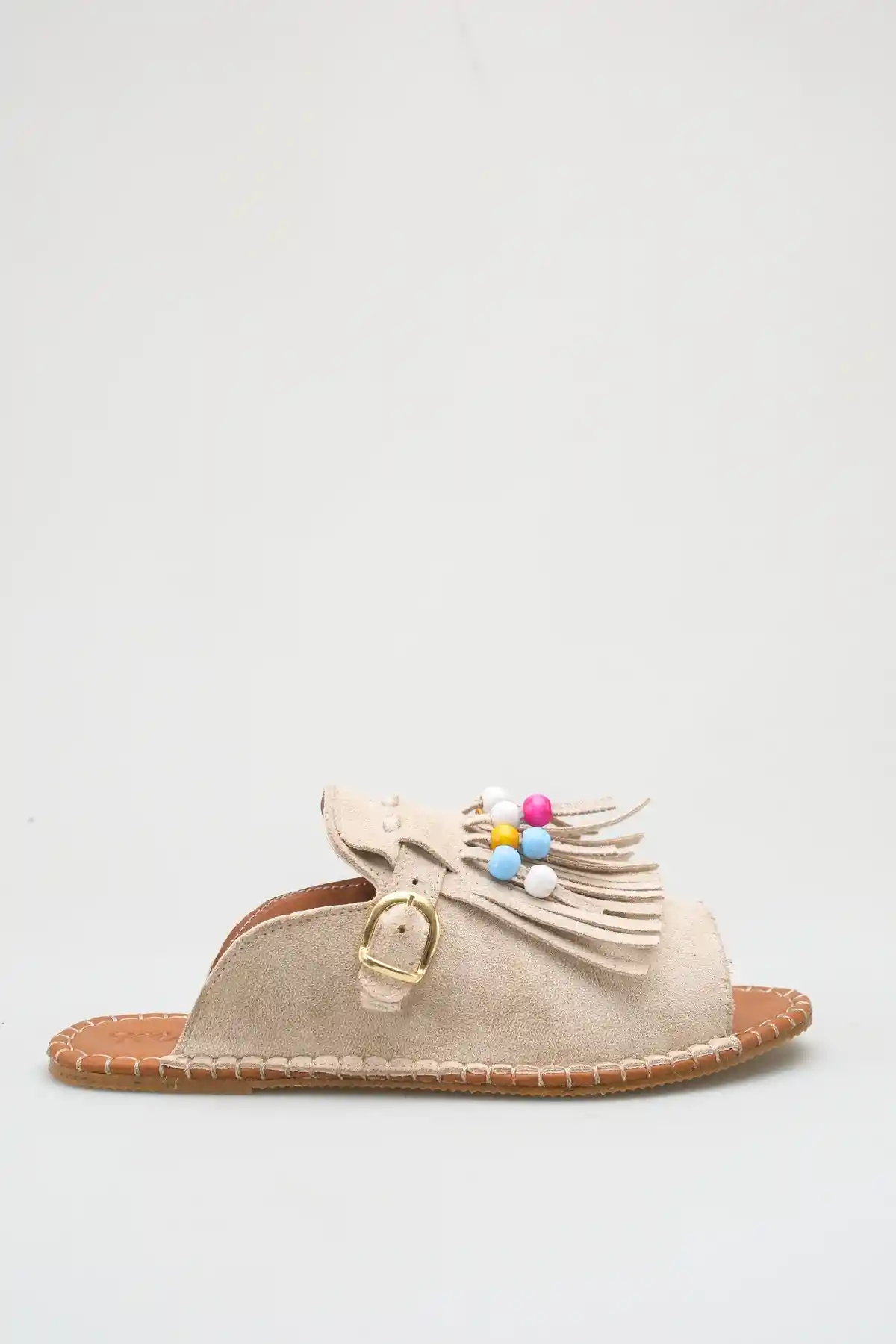 Bej Süet Kadın Boncuklu Püsküllü Terlik
