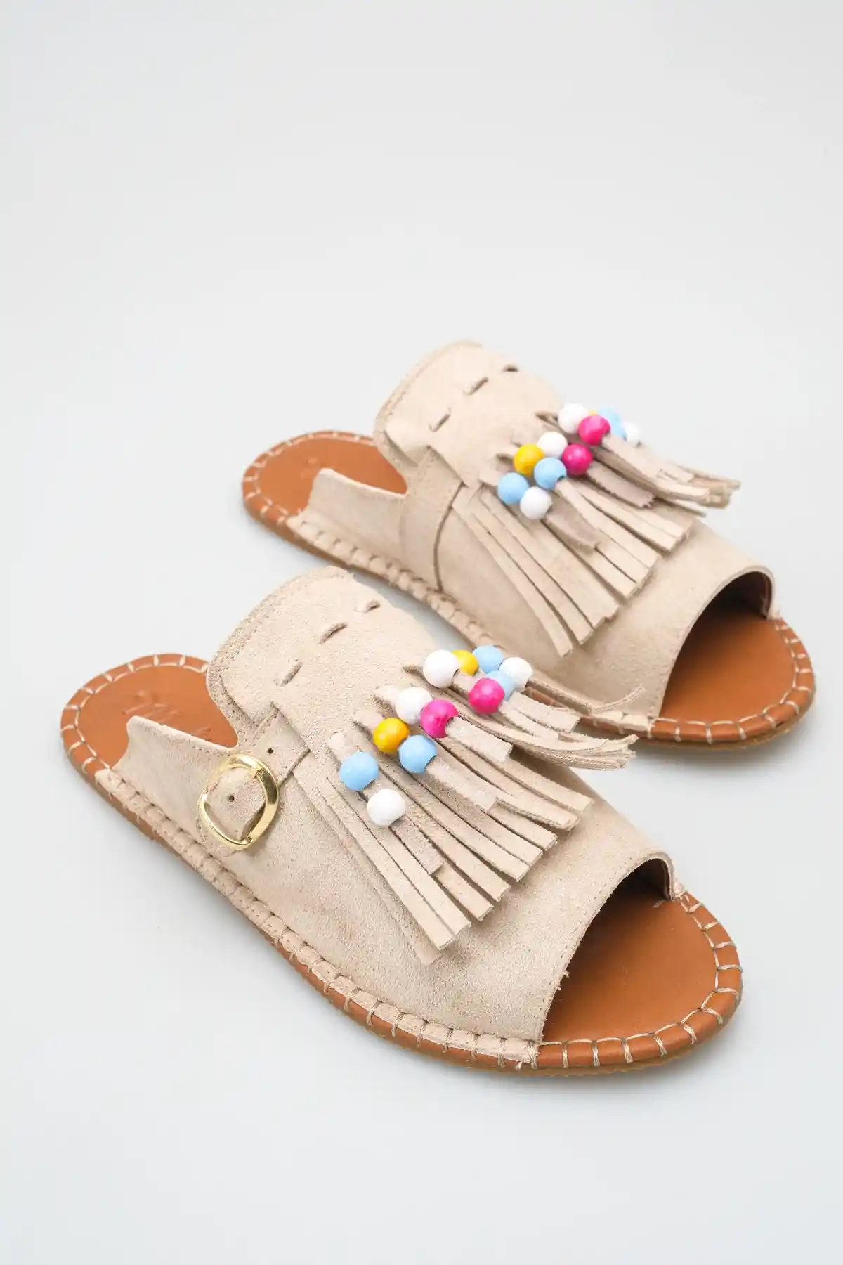 Bej Süet Kadın Boncuklu Püsküllü Terlik