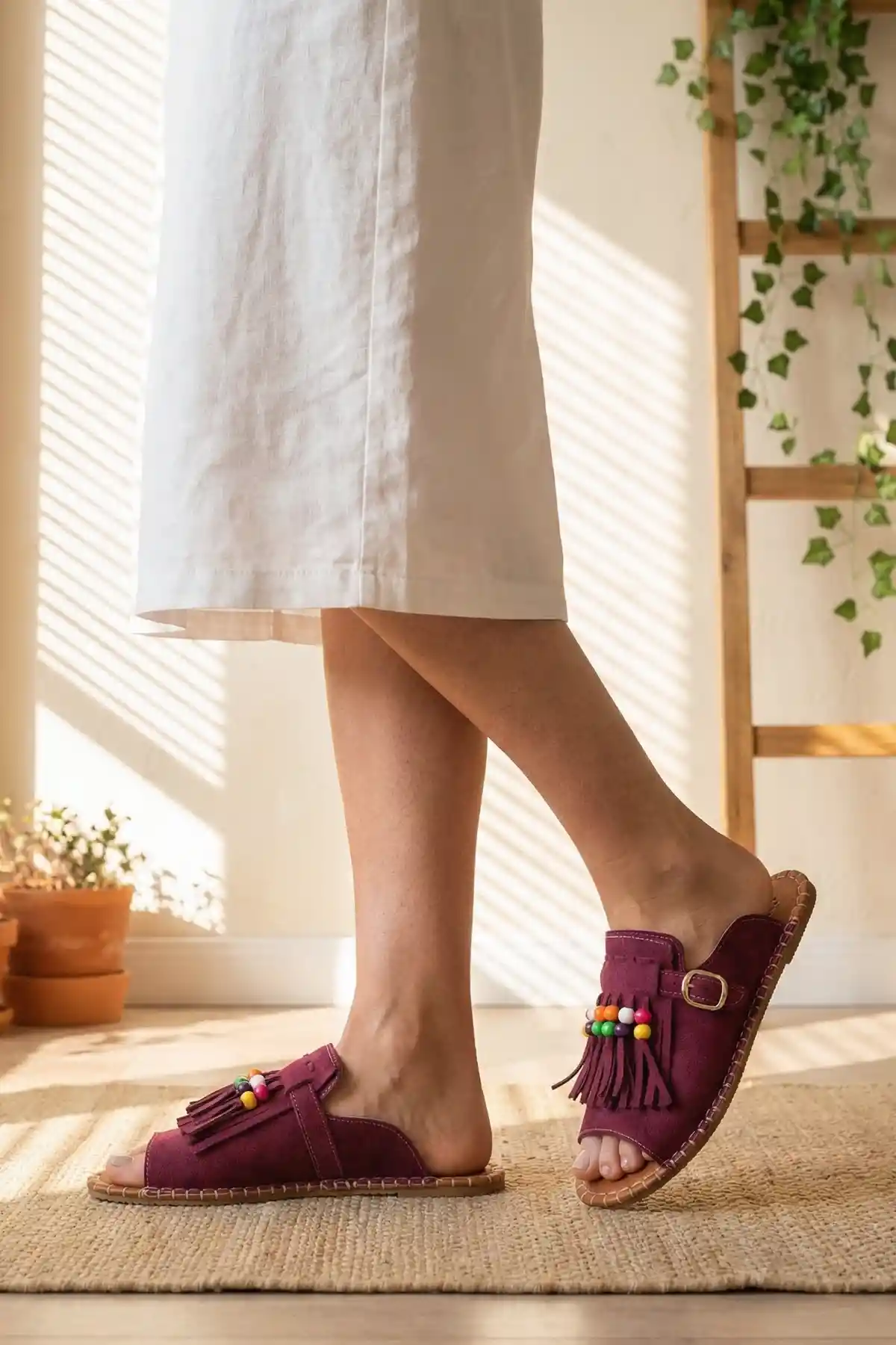 Bordo Süet Kadın Boncuklu Püsküllü Terlik