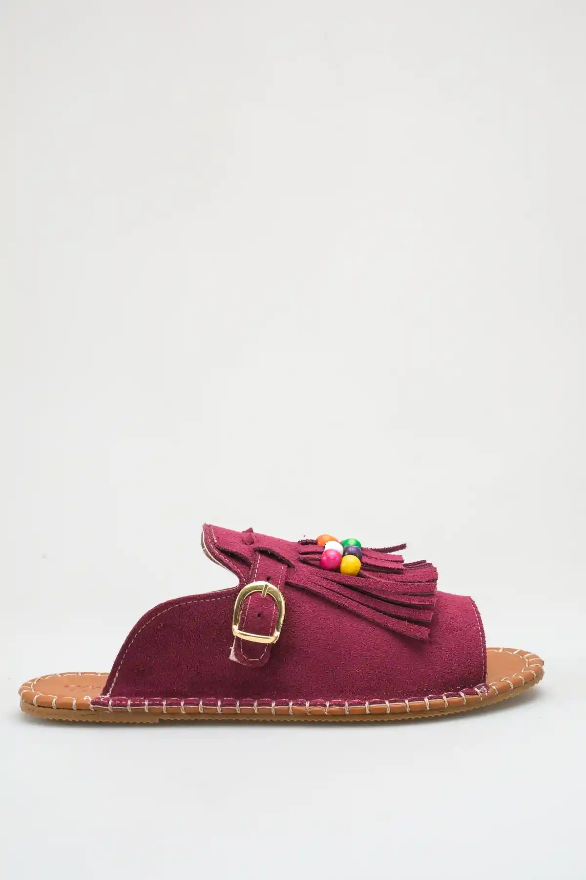 Bordo Süet Kadın Boncuklu Püsküllü Terlik