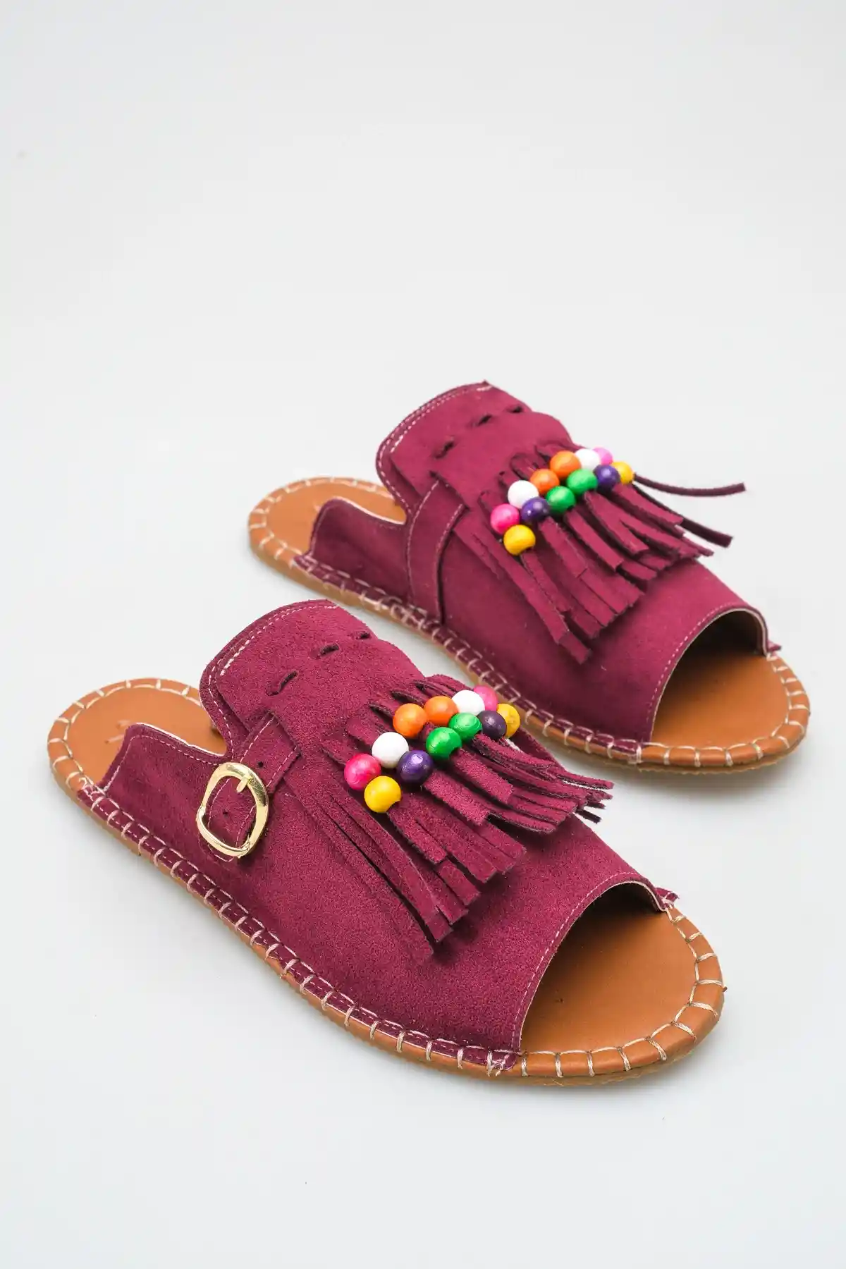 Bordo Süet Kadın Boncuklu Püsküllü Terlik