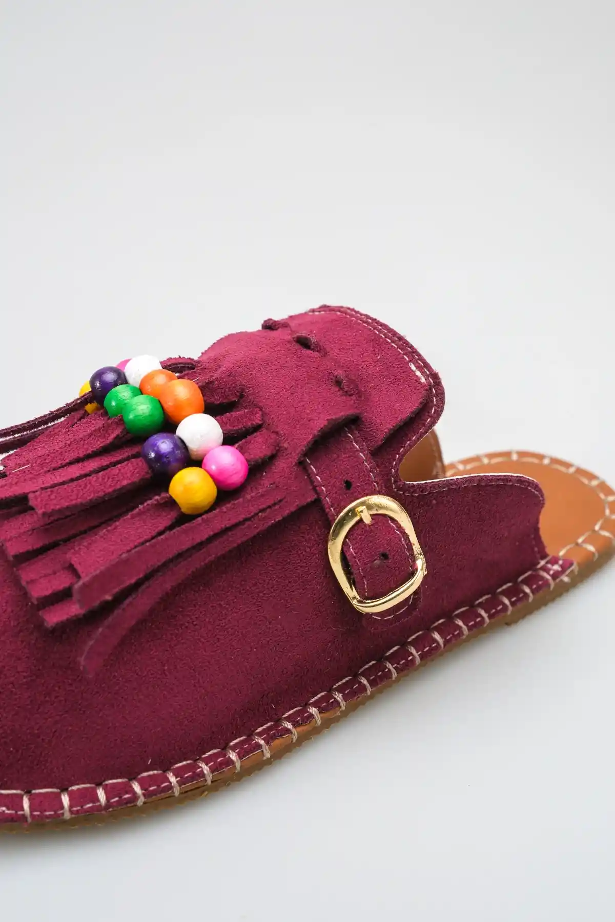 Bordo Süet Kadın Boncuklu Püsküllü Terlik