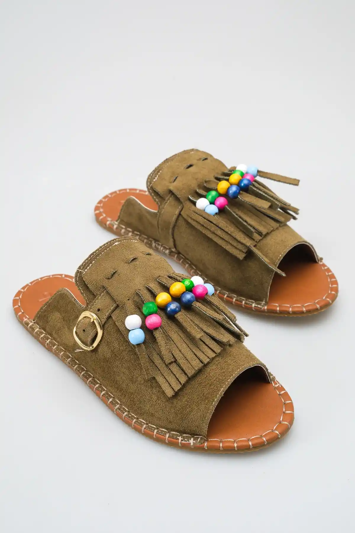 Haki Süet Kadın Boncuklu Püsküllü Terlik