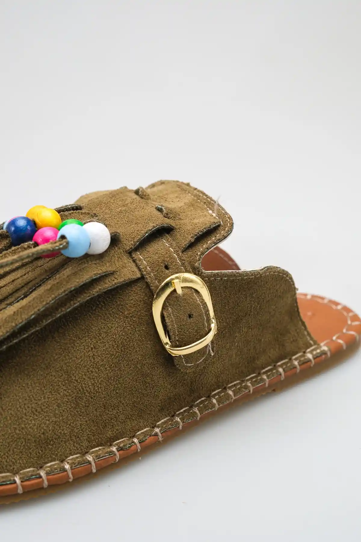 Haki Süet Kadın Boncuklu Püsküllü Terlik