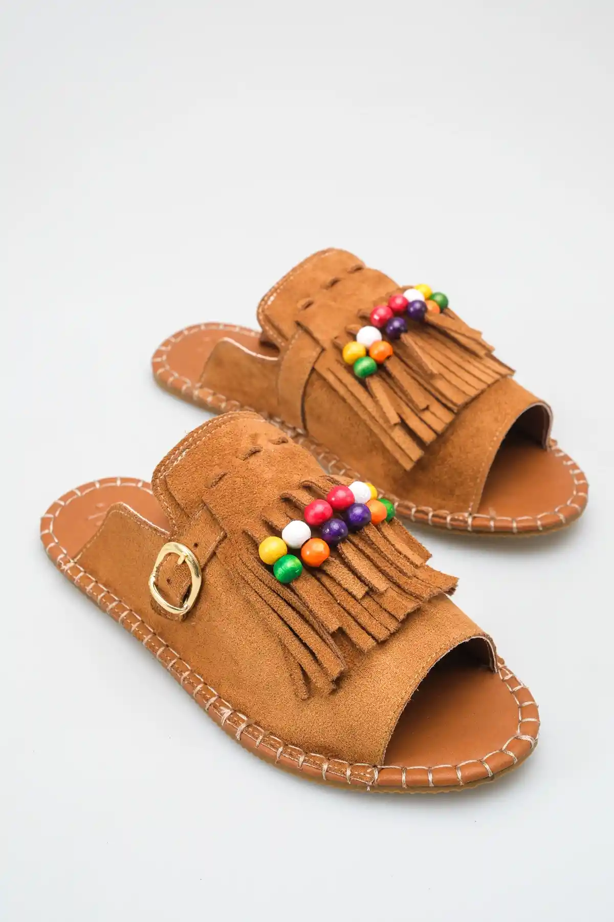 Taba Süet Kadın Boncuklu Püsküllü Terlik