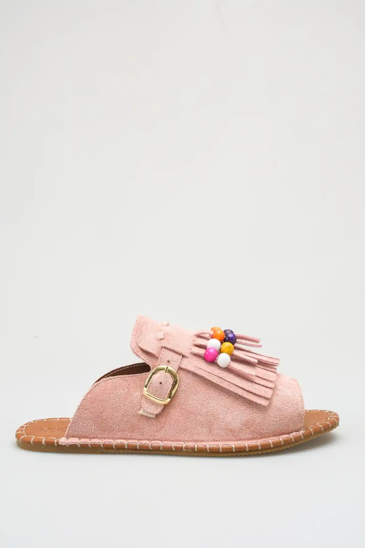 Pembe Süet Kadın Boncuklu Püsküllü Terlik