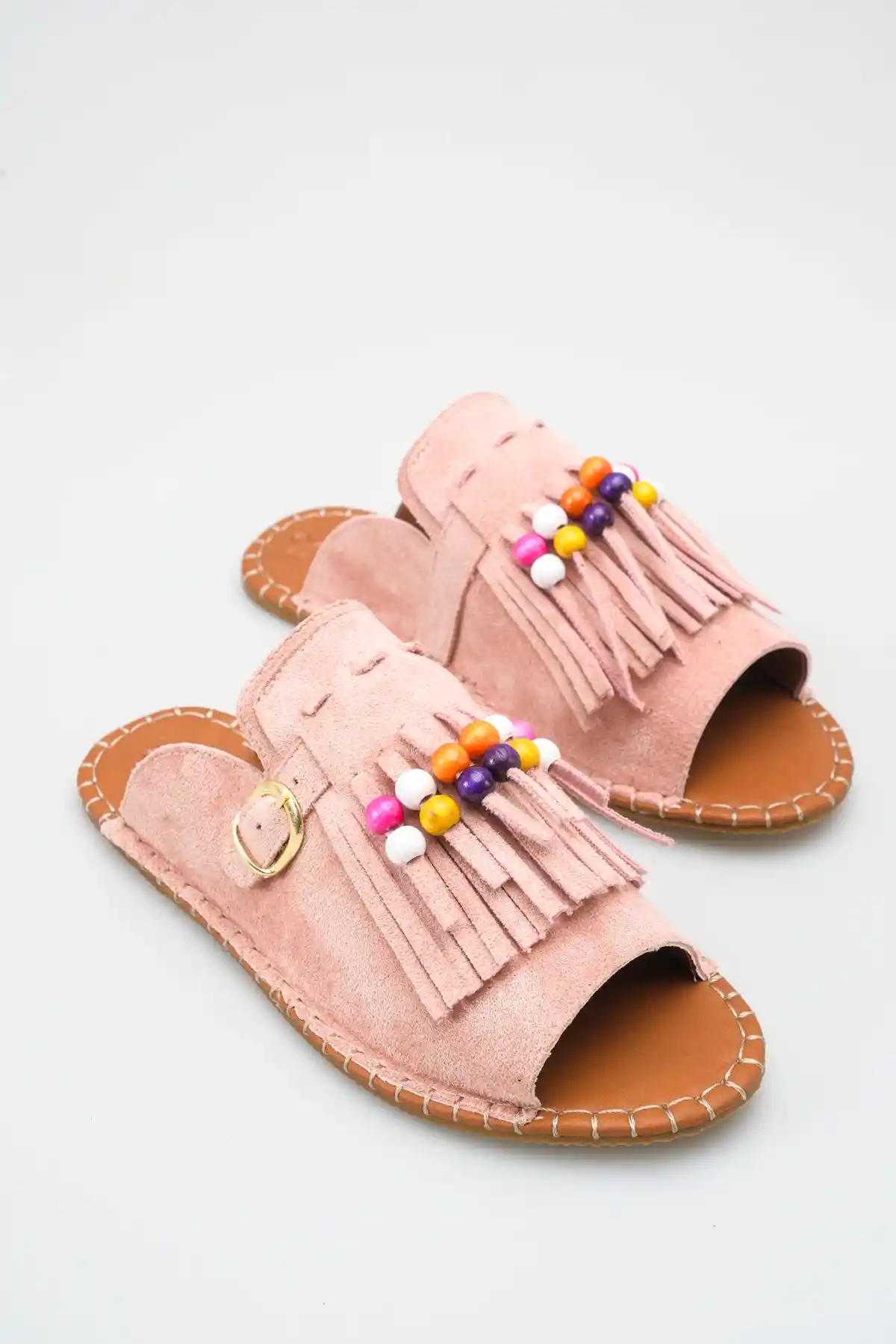 Pembe Süet Kadın Boncuklu Püsküllü Terlik