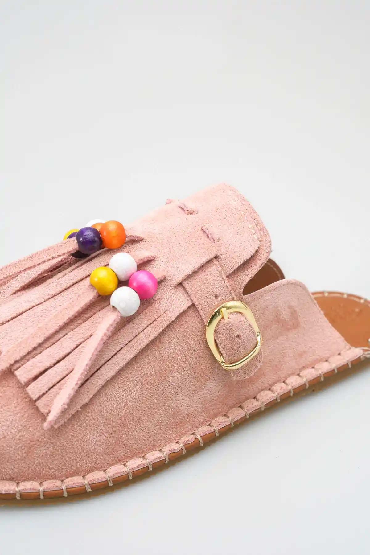 Pembe Süet Kadın Boncuklu Püsküllü Terlik