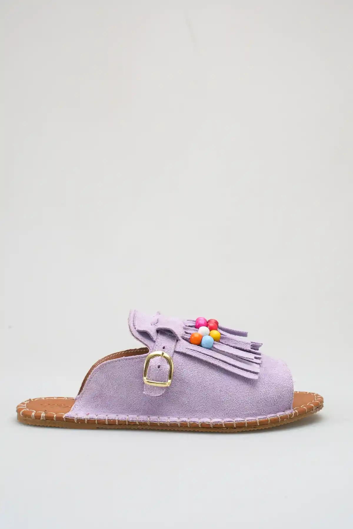 Lila Süet Kadın Boncuklu Püsküllü Terlik