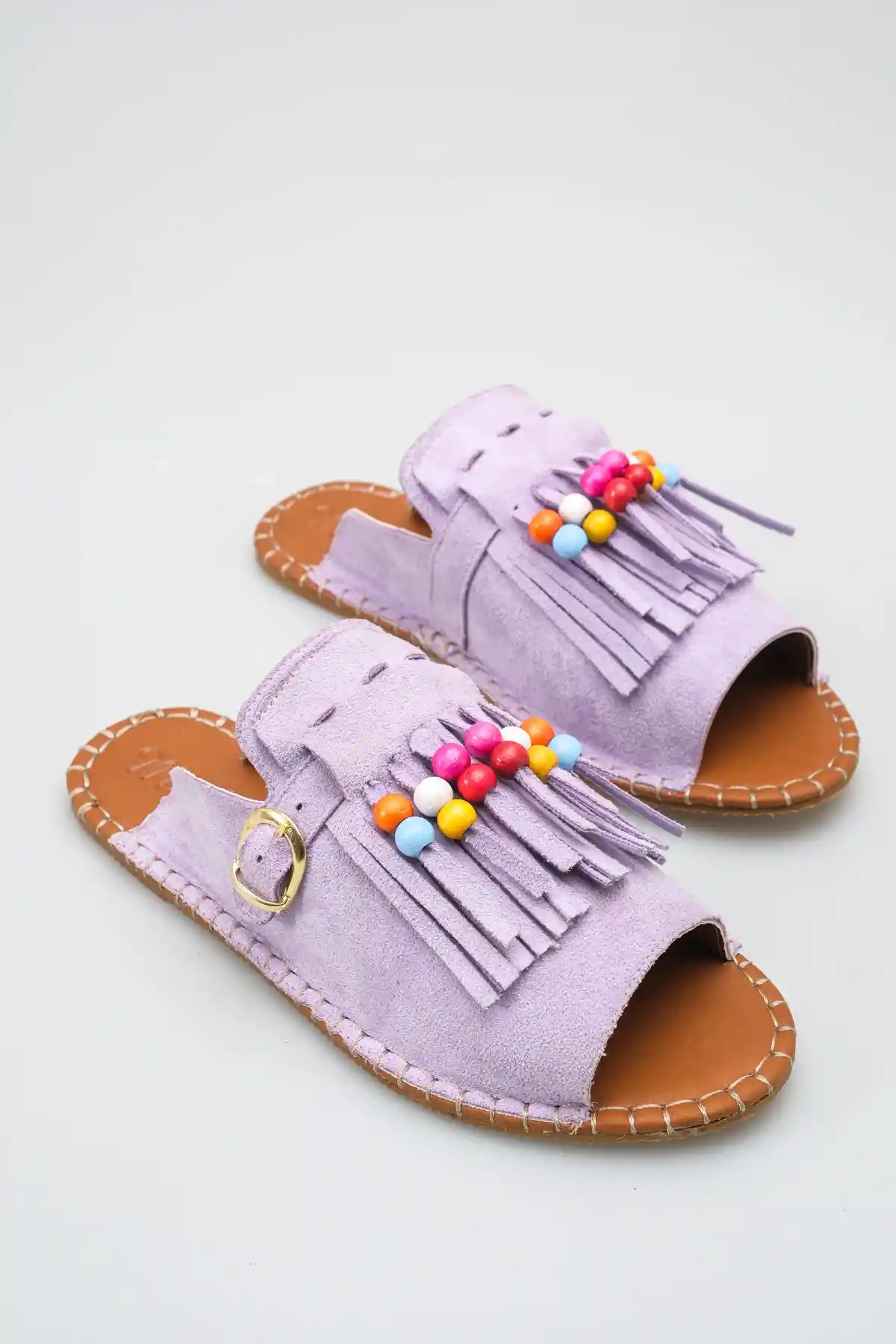 Lila Süet Kadın Boncuklu Püsküllü Terlik