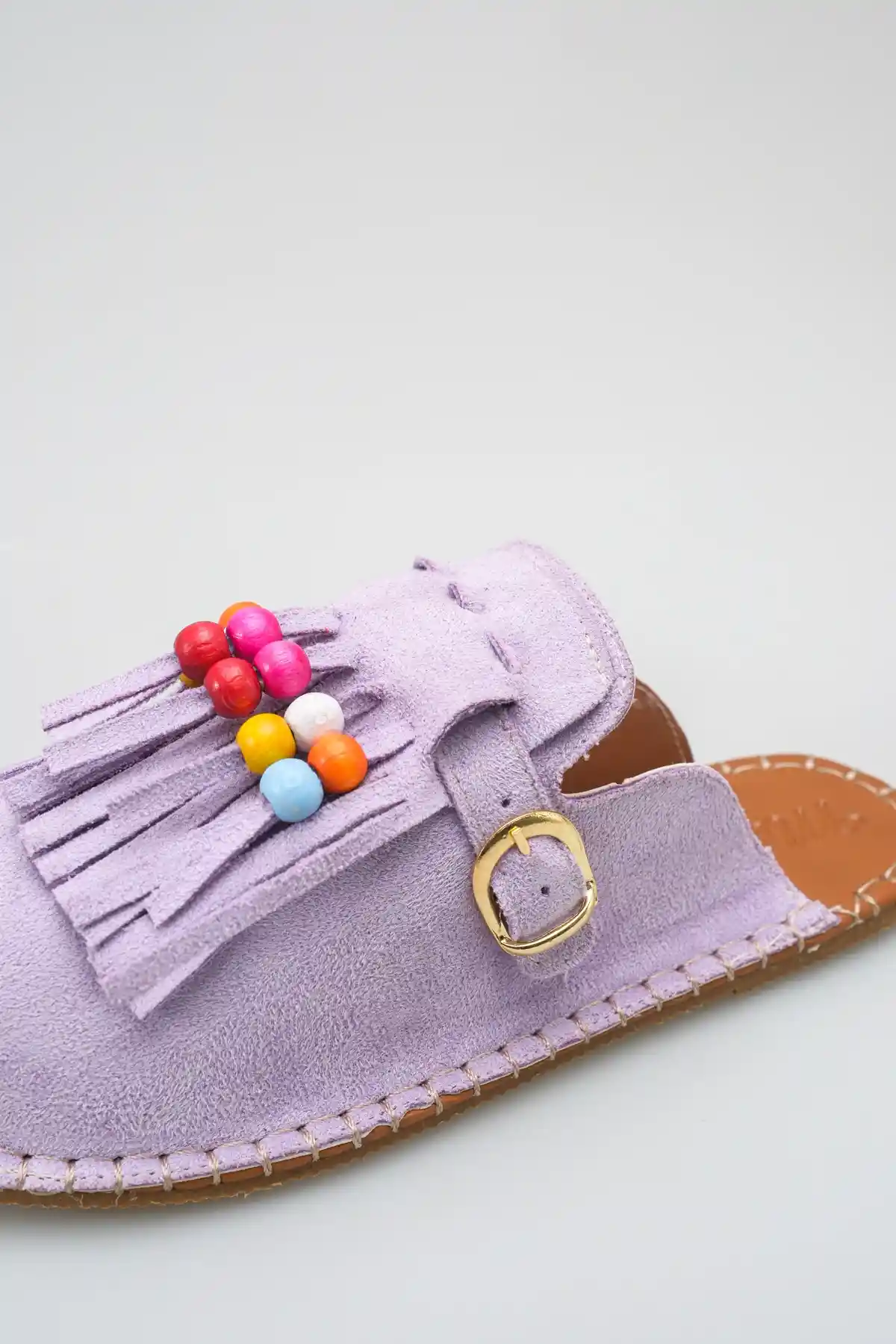 Lila Süet Kadın Boncuklu Püsküllü Terlik