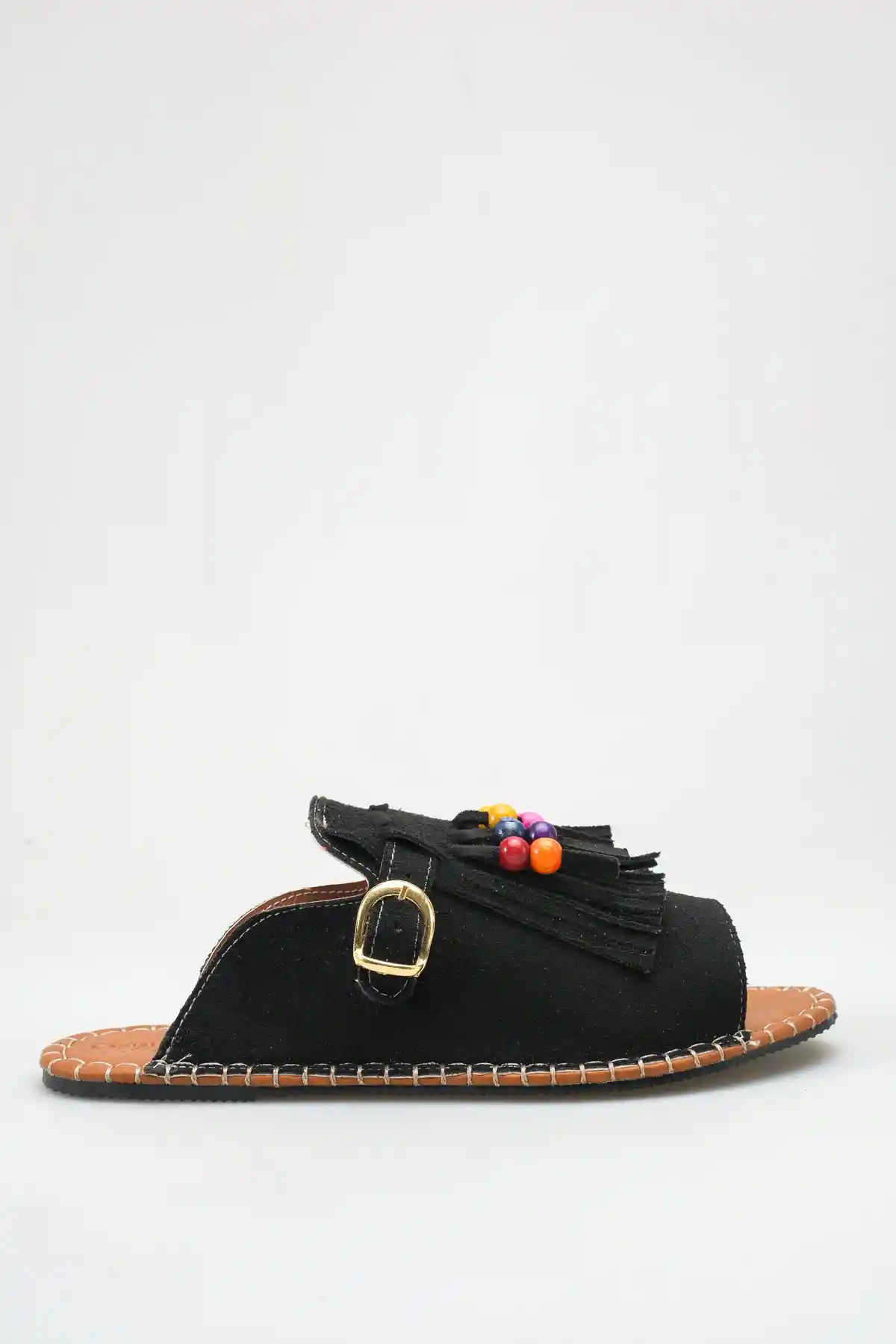 Siyah Süet Kadın Boncuklu Püsküllü Terlik