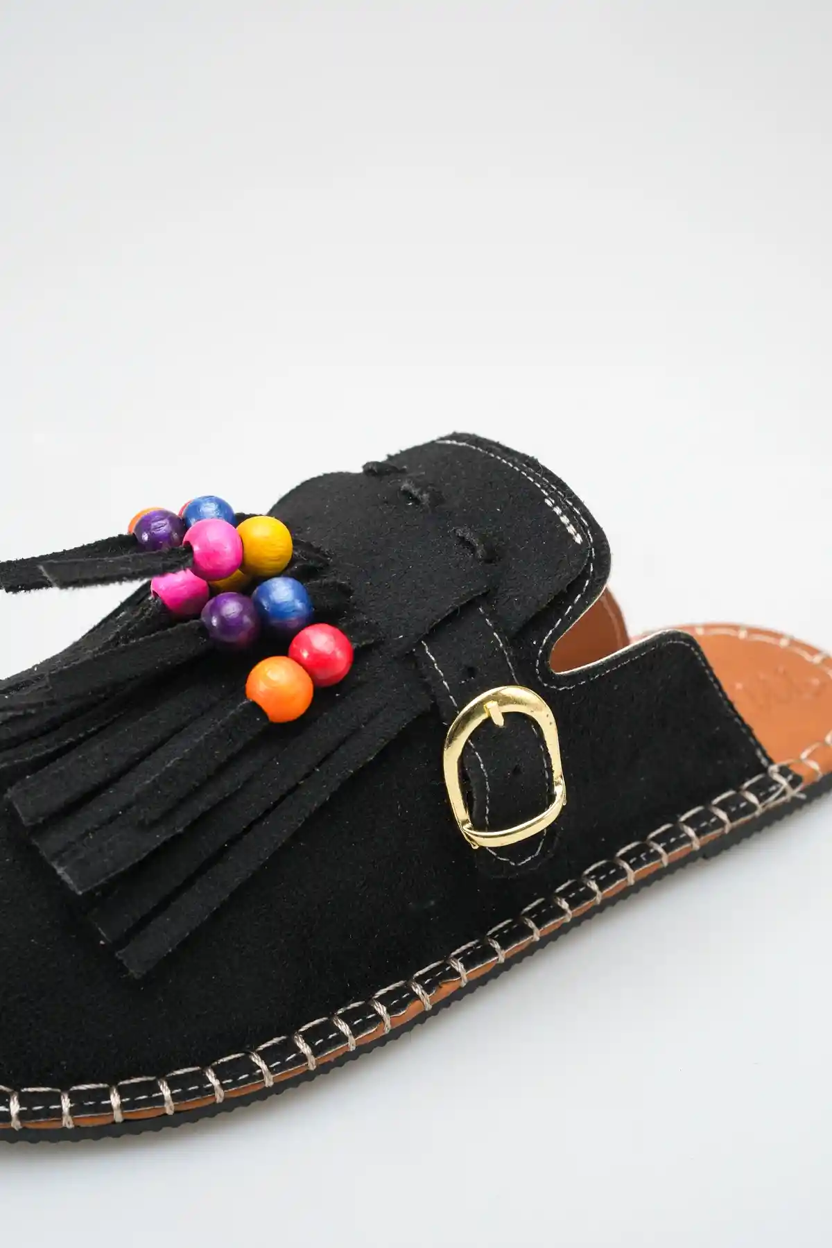 Siyah Süet Kadın Boncuklu Püsküllü Terlik