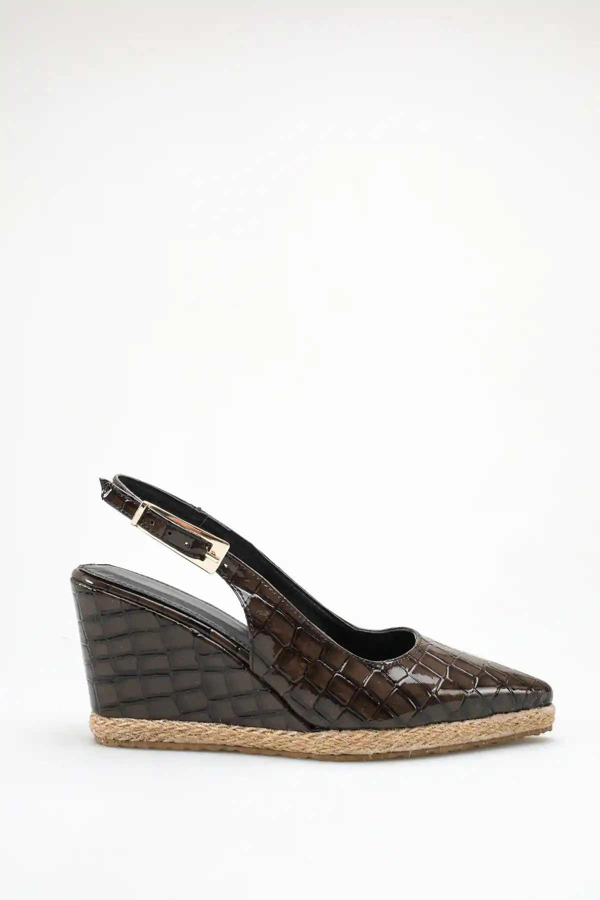 Kahve Kroko Kadın Sivri Burun Dolgu Topuklu Sandalet