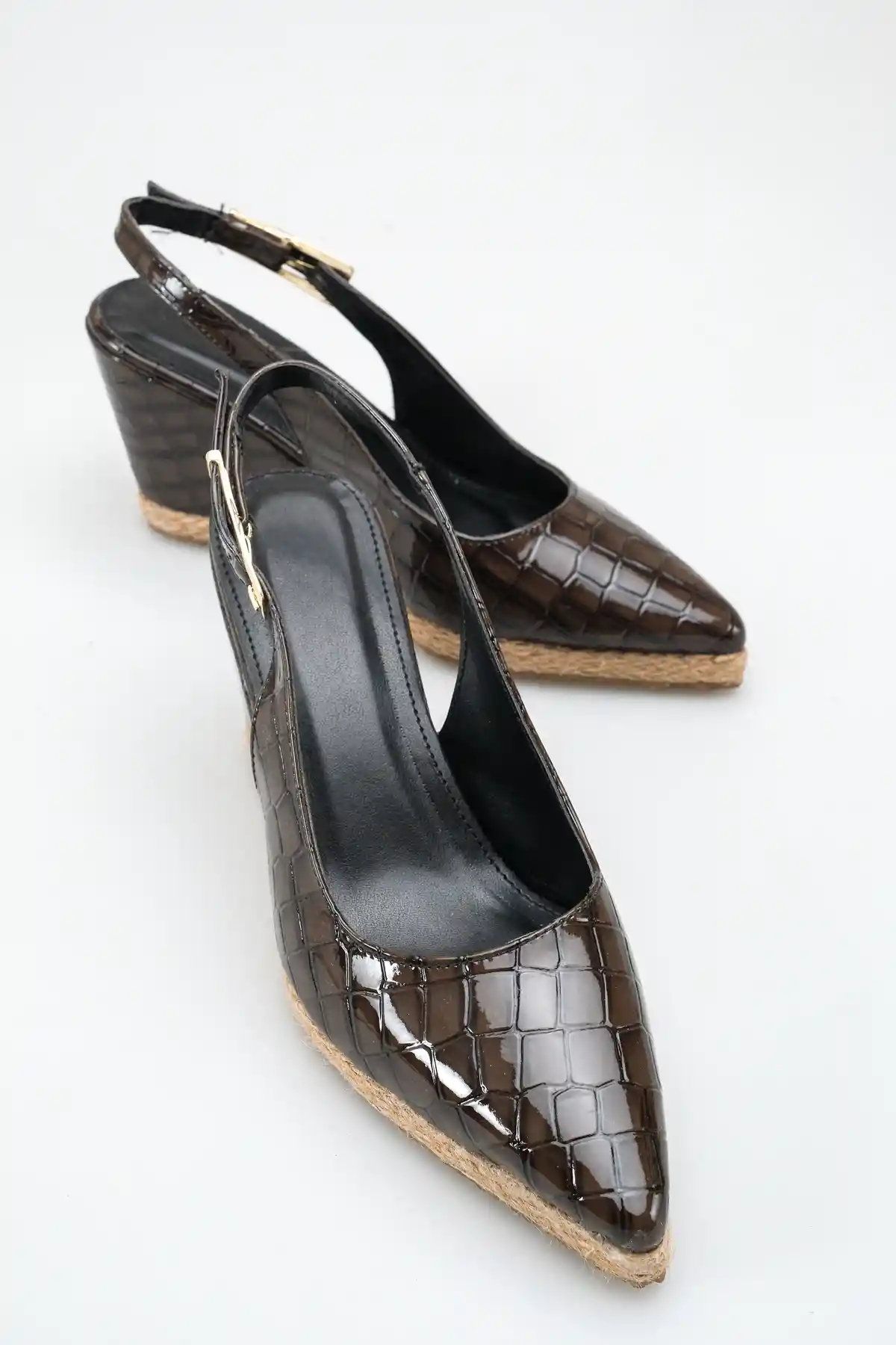 Kahve Kroko Kadın Sivri Burun Dolgu Topuklu Sandalet